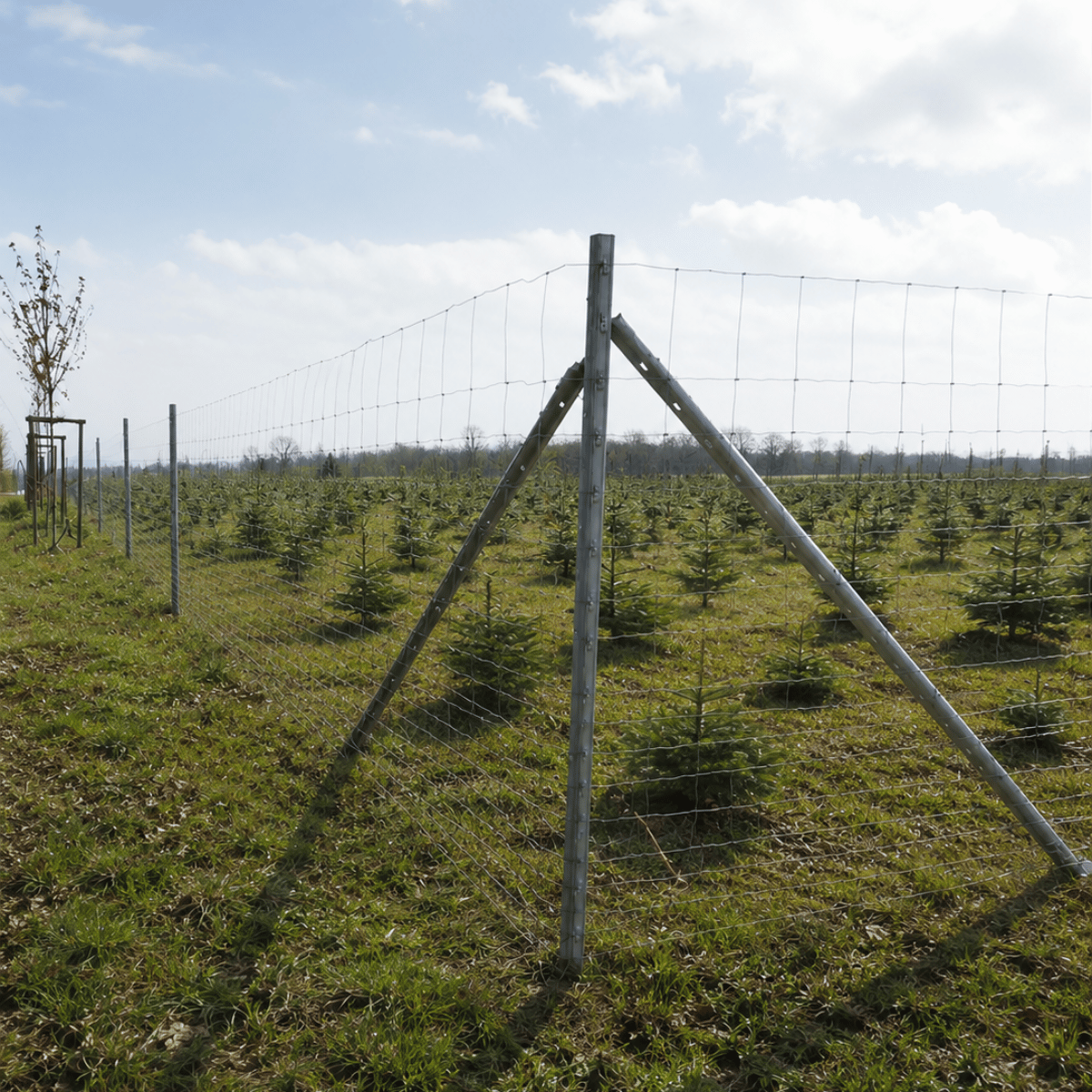 Knotengeflechtzaun mit Z-EH® Eckstrebe an einer landwirtschaftlichen Fläche